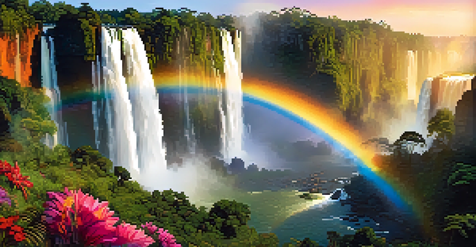 A stunning sunrise view of Iguazu Falls with golden light, mist, and vibrant greenery.