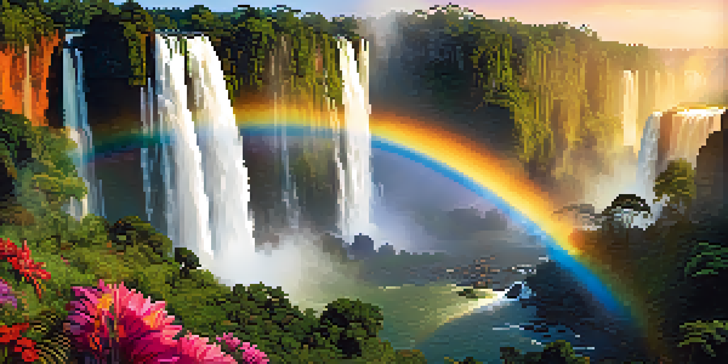 A stunning sunrise view of Iguazu Falls with golden light, mist, and vibrant greenery.