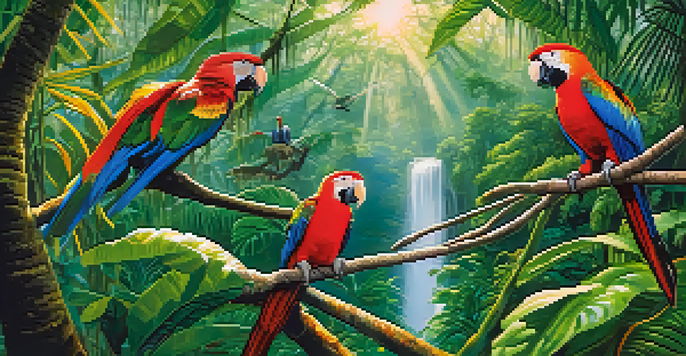 A lush Amazon Rainforest filled with exotic plants and colorful birds, illuminated by sunlight filtering through the trees.
