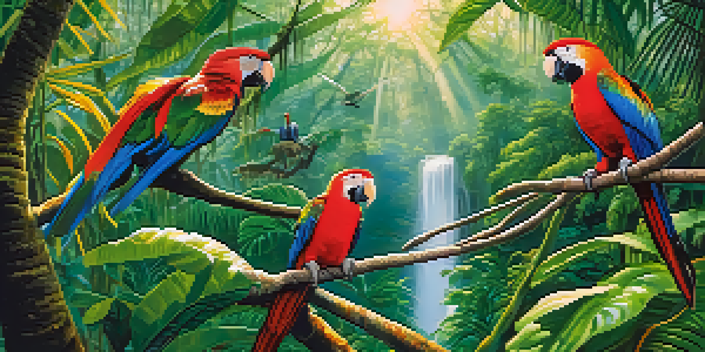A lush Amazon Rainforest filled with exotic plants and colorful birds, illuminated by sunlight filtering through the trees.