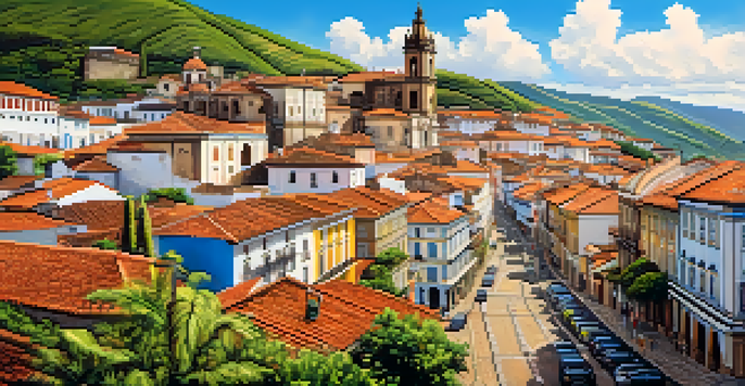 A scenic view of Ouro Preto, Brazil, featuring baroque churches and cobblestone streets amidst green hills under a clear blue sky.