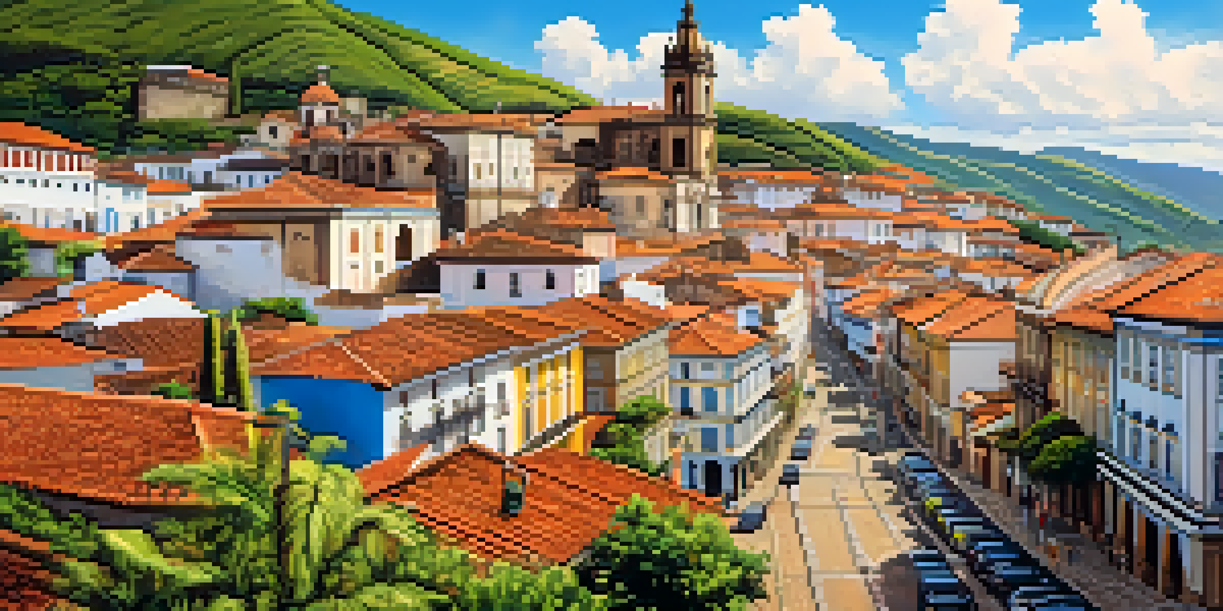 A scenic view of Ouro Preto, Brazil, featuring baroque churches and cobblestone streets amidst green hills under a clear blue sky.