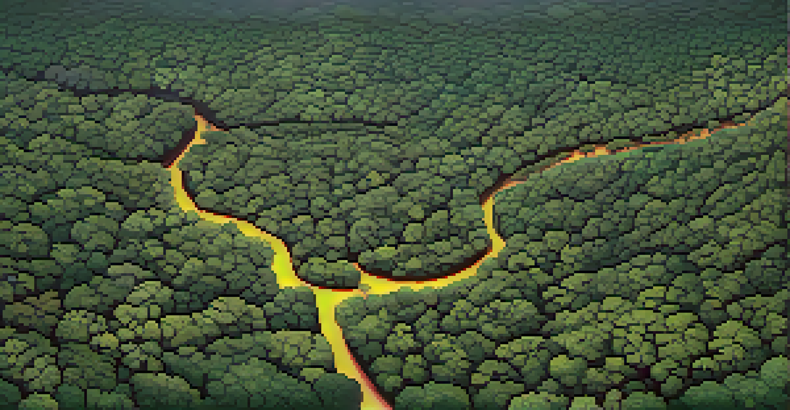 An aerial view of the Atlantic Forest with a wildlife corridor connecting tree patches, featuring a golden lion tamarin on a branch.