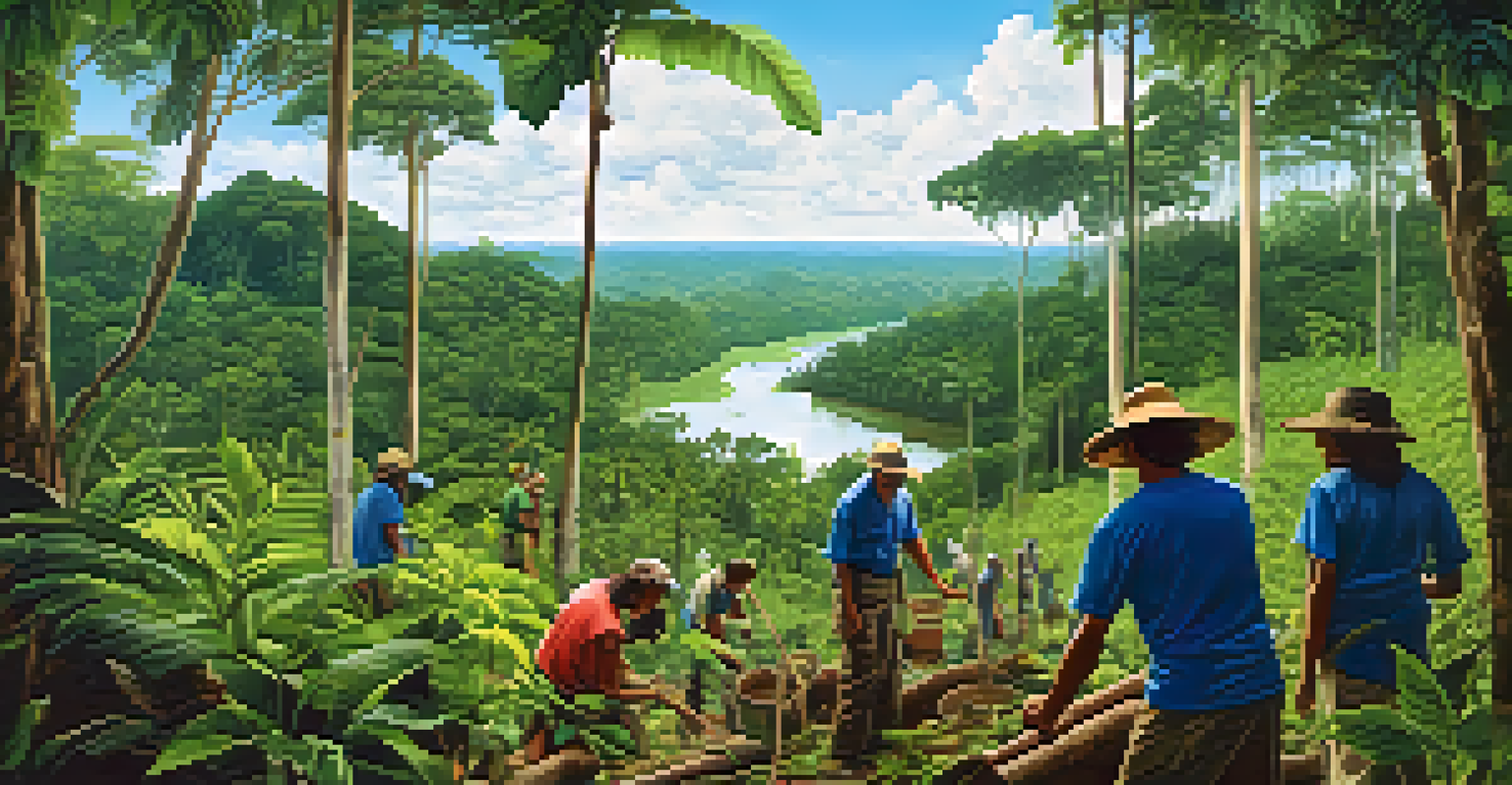 A tranquil scene in the Amazon rainforest where a volunteer plants trees with local community members, surrounded by vibrant greenery and a clear blue sky.