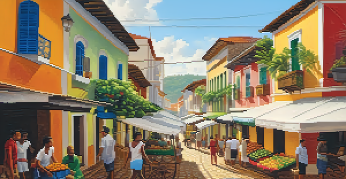A lively street scene in Bahia with colorful buildings, local vendors, and people interacting under a warm afternoon sun.