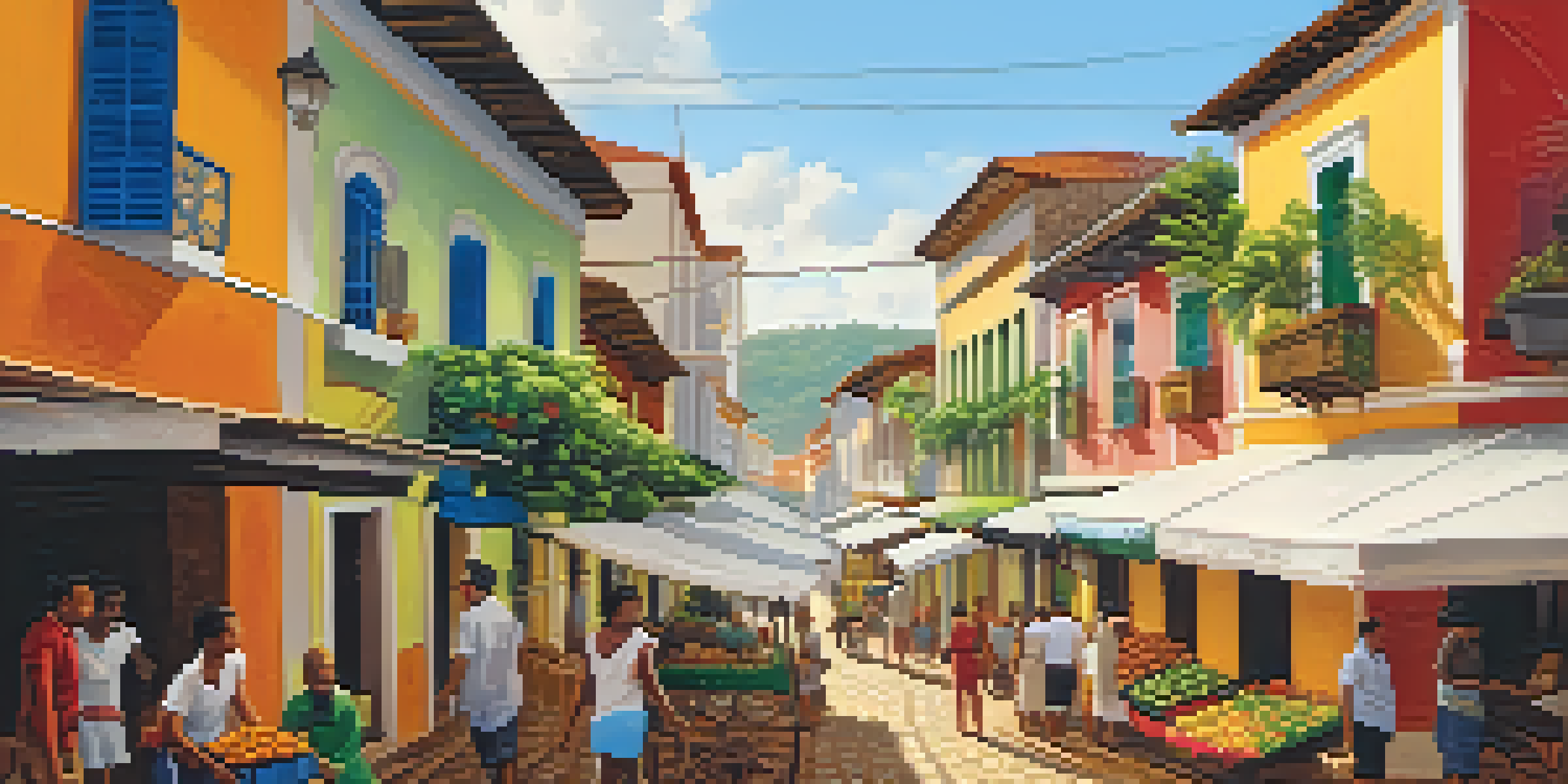 A lively street scene in Bahia with colorful buildings, local vendors, and people interacting under a warm afternoon sun.