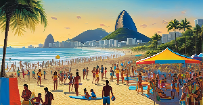 A lively beach scene in Rio de Janeiro with people engaging in sports during the Carnival of Sports, and Sugarloaf Mountain in the background.