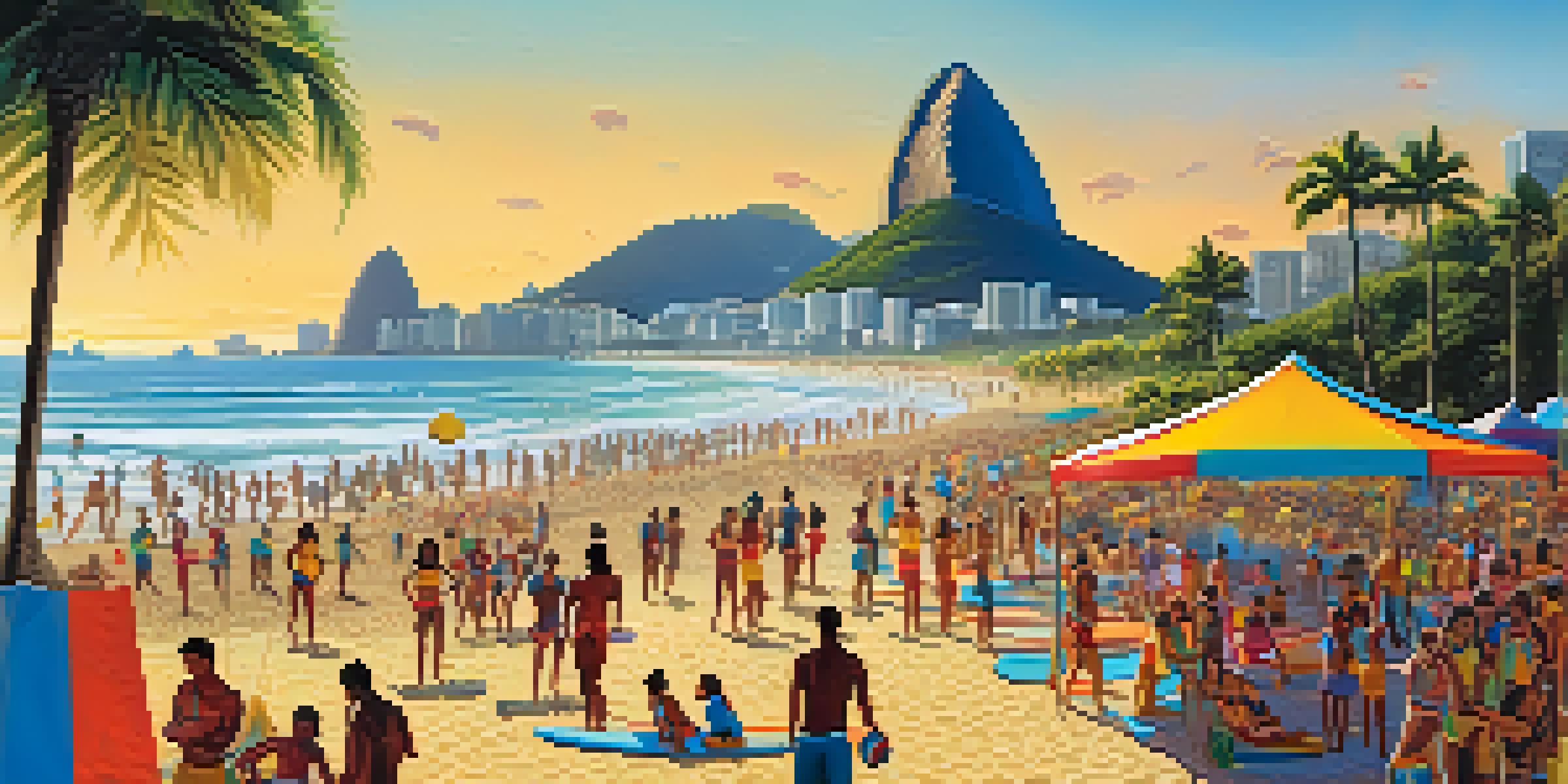 A lively beach scene in Rio de Janeiro with people engaging in sports during the Carnival of Sports, and Sugarloaf Mountain in the background.