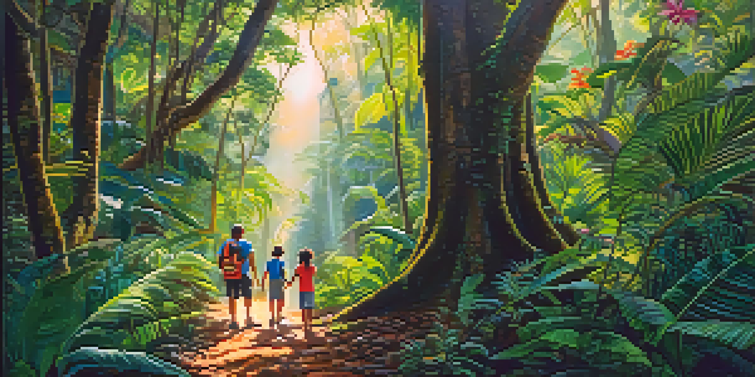 A family exploring a lush green jungle in Brazil, with colorful toucans visible in the trees and sunlight filtering through the leaves.
