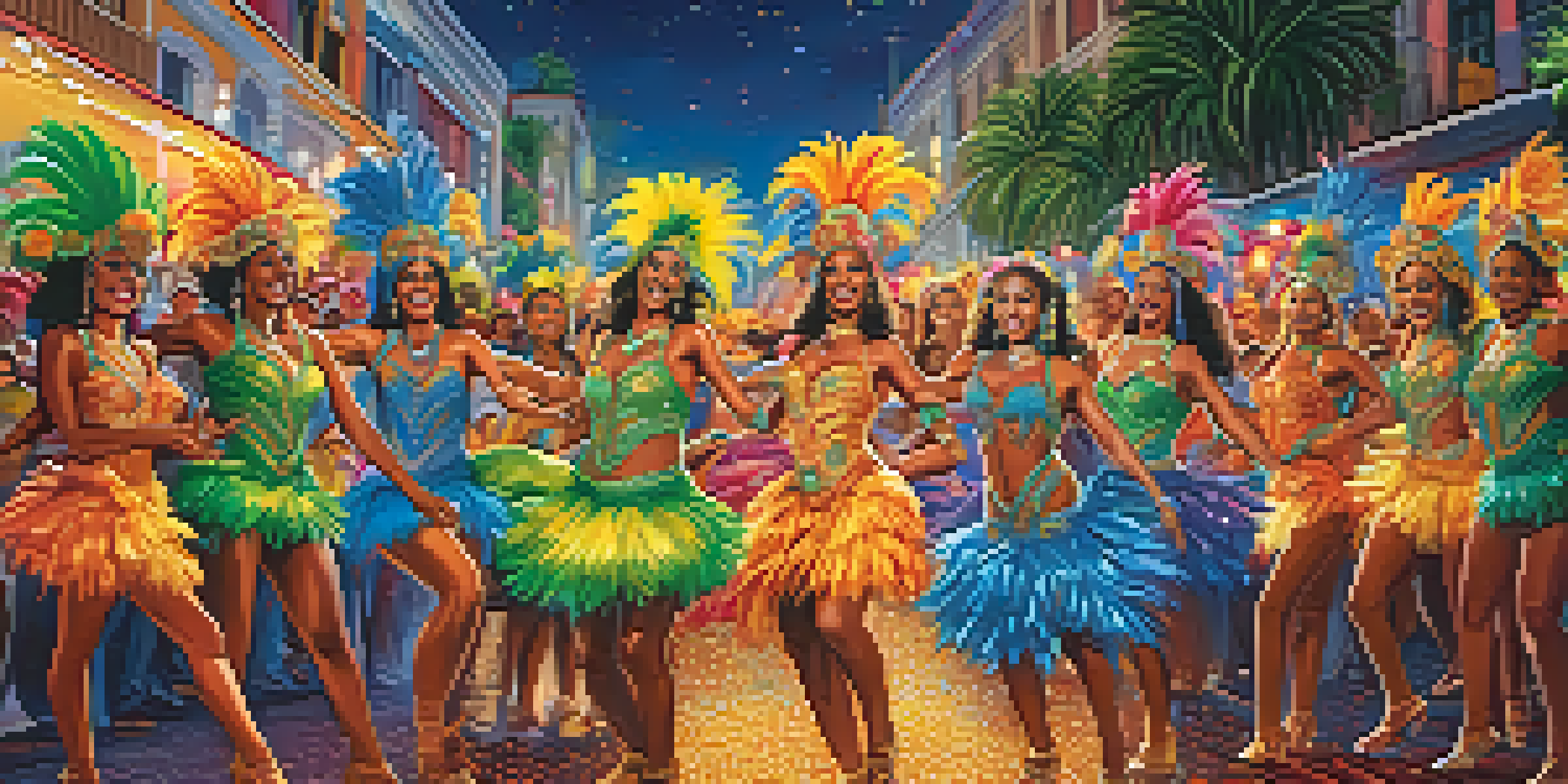 A lively street scene filled with samba dancers in colorful costumes celebrating Carnival in Brazil, with spectators enjoying the festivities under bright lights.