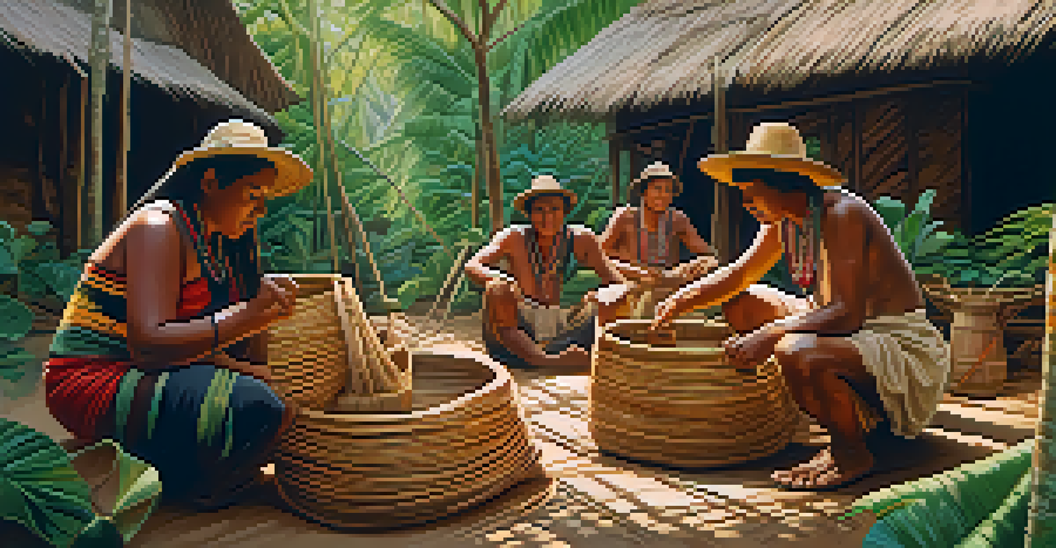 Indigenous people in the Amazon creating traditional crafts, surrounded by lush plants and warm afternoon light.
