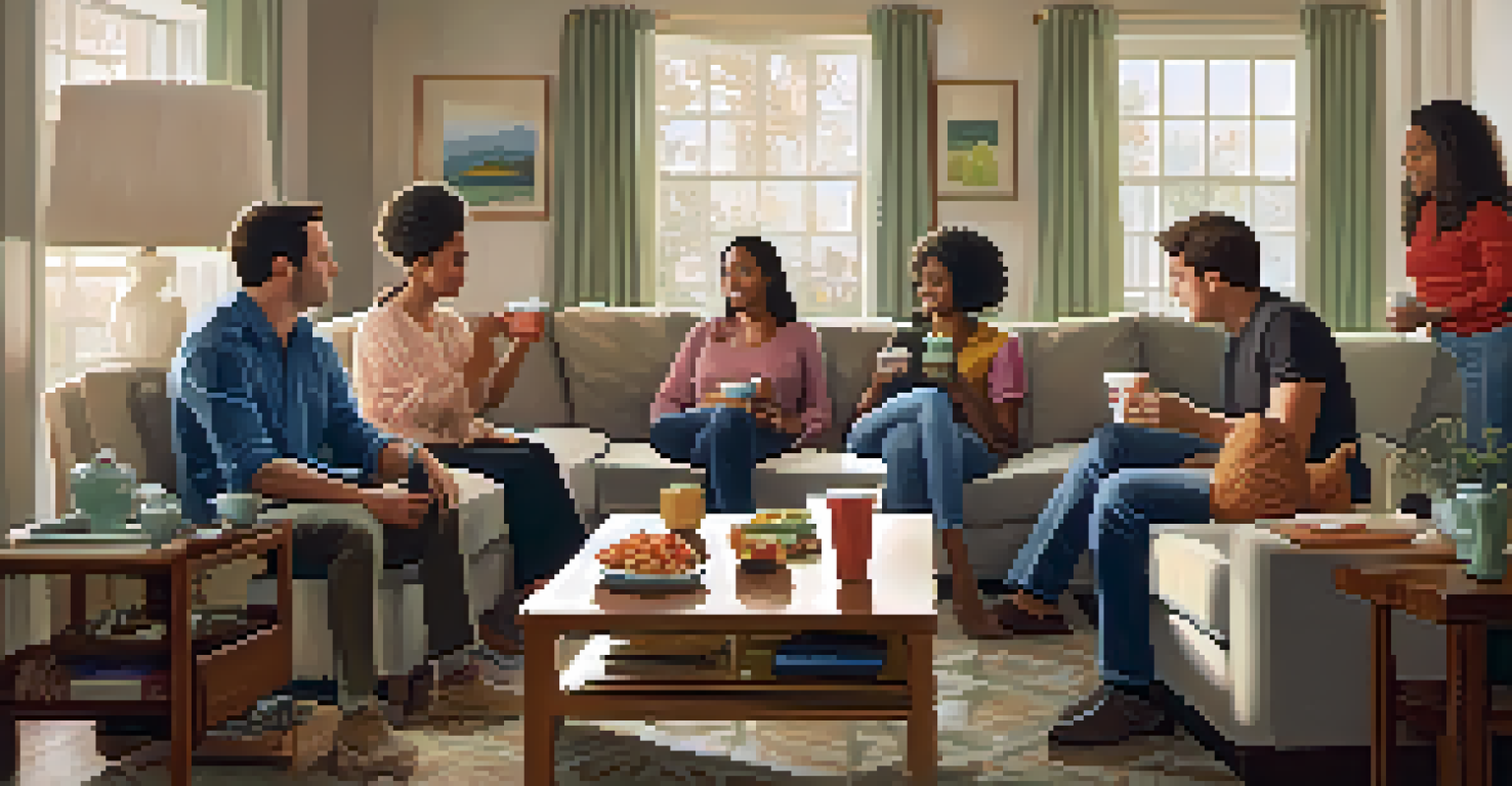A cozy living room scene with a mixed group of friends and family engaged in a thoughtful political conversation.