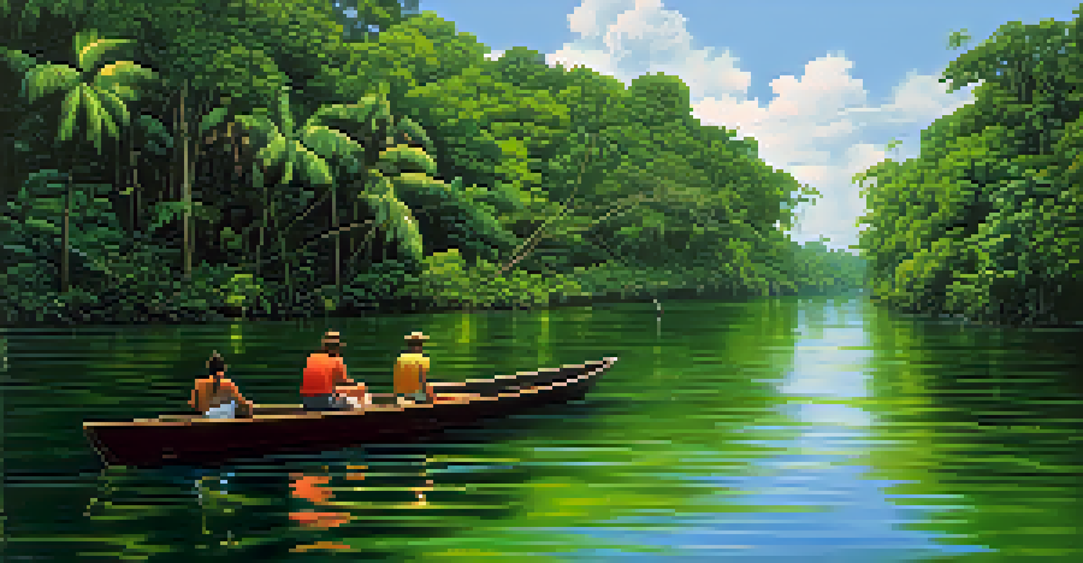 Tourists on a guided boat tour along the Rio Negro, observing wildlife in the rainforest.