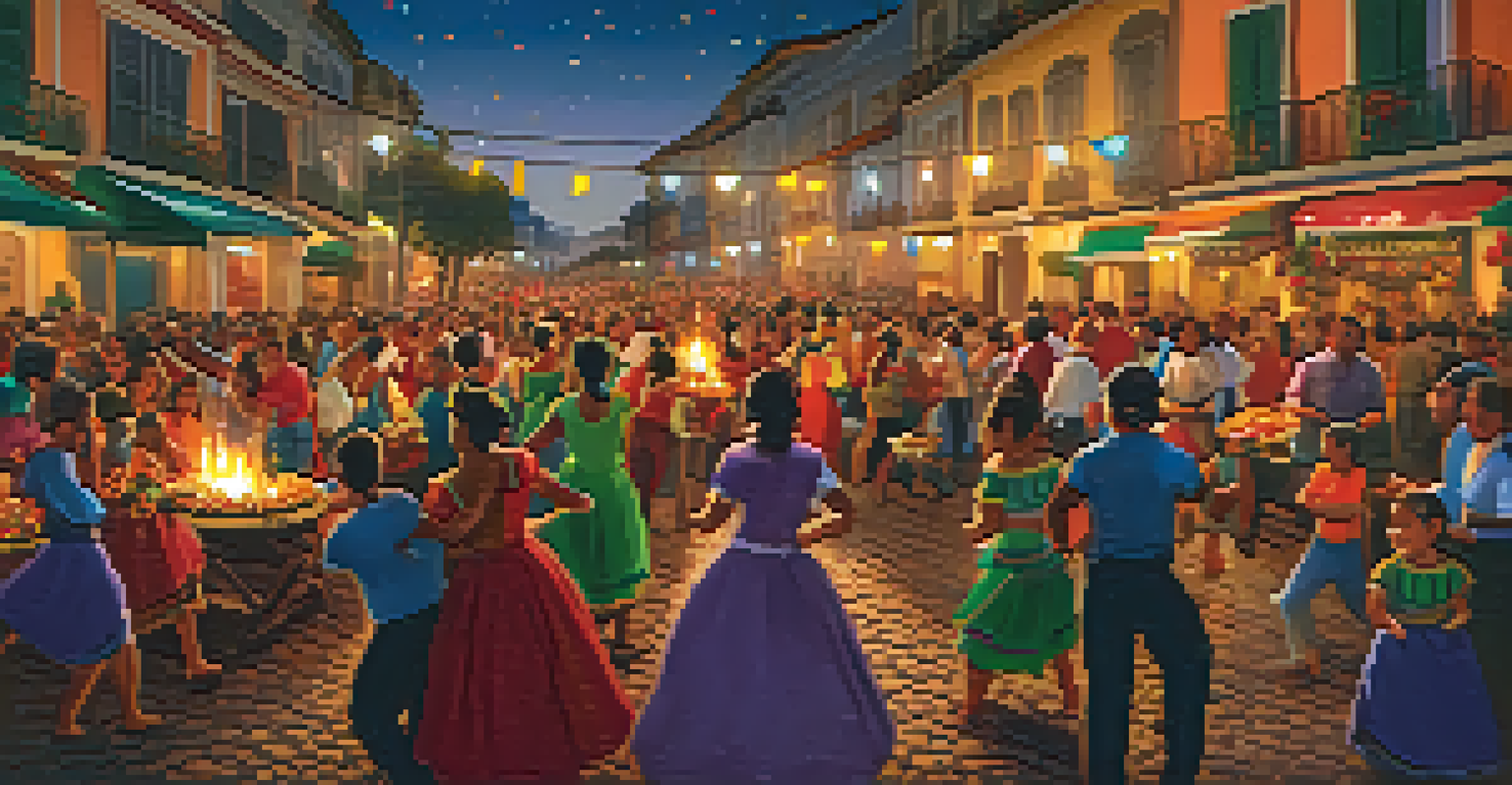 A lively street party during the Festa de São João, with bonfires and traditional dancers celebrating.