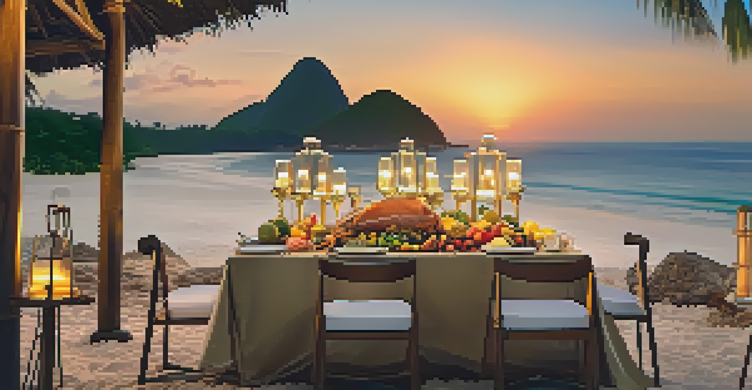 A gourmet dining setup on a private beach in Brazil, with seafood dishes and a sunset in the background.