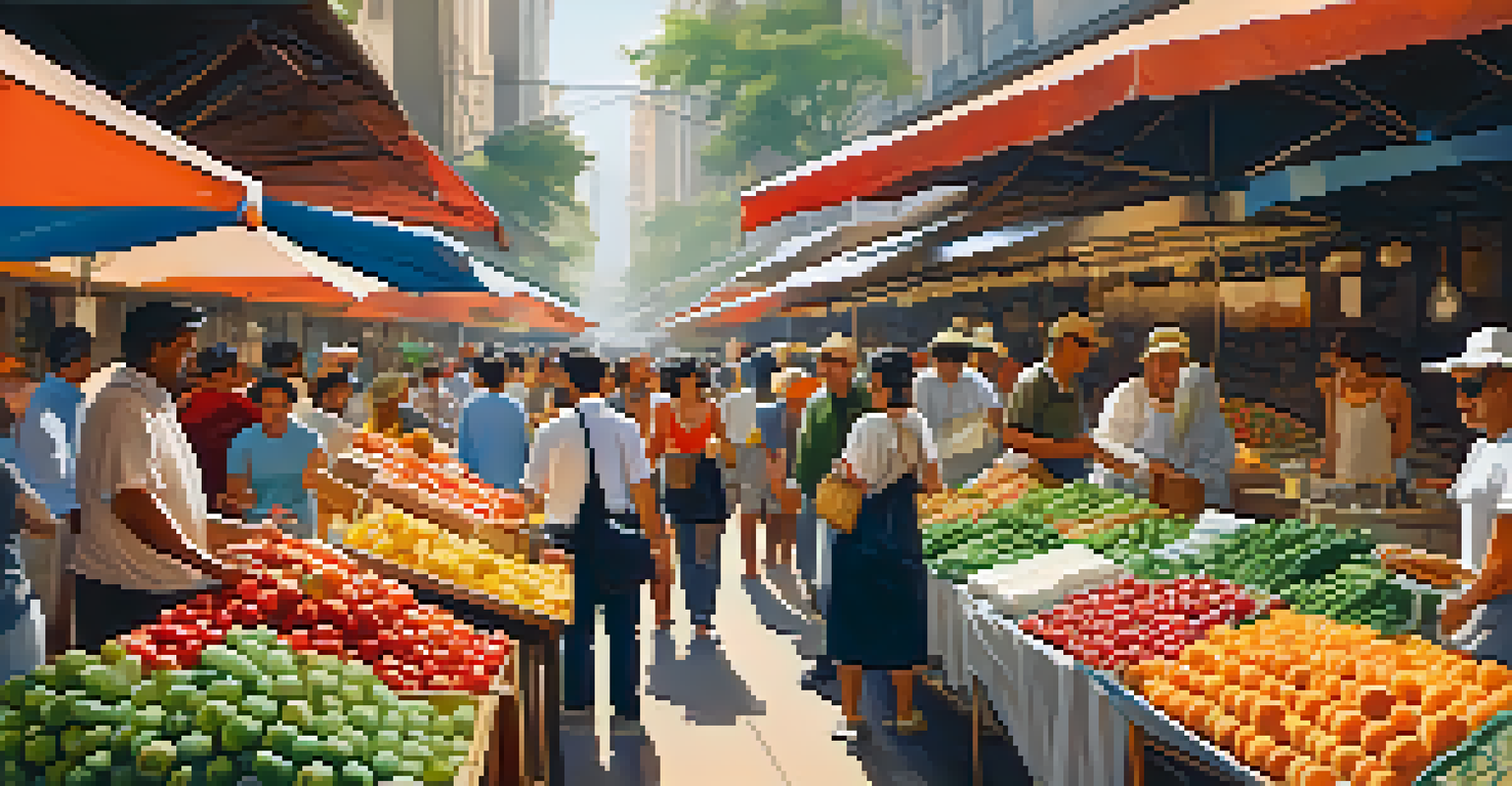 A vibrant culinary market in São Paulo showcasing fresh produce, artisanal cheeses, and exotic fruits with shoppers and vendors.