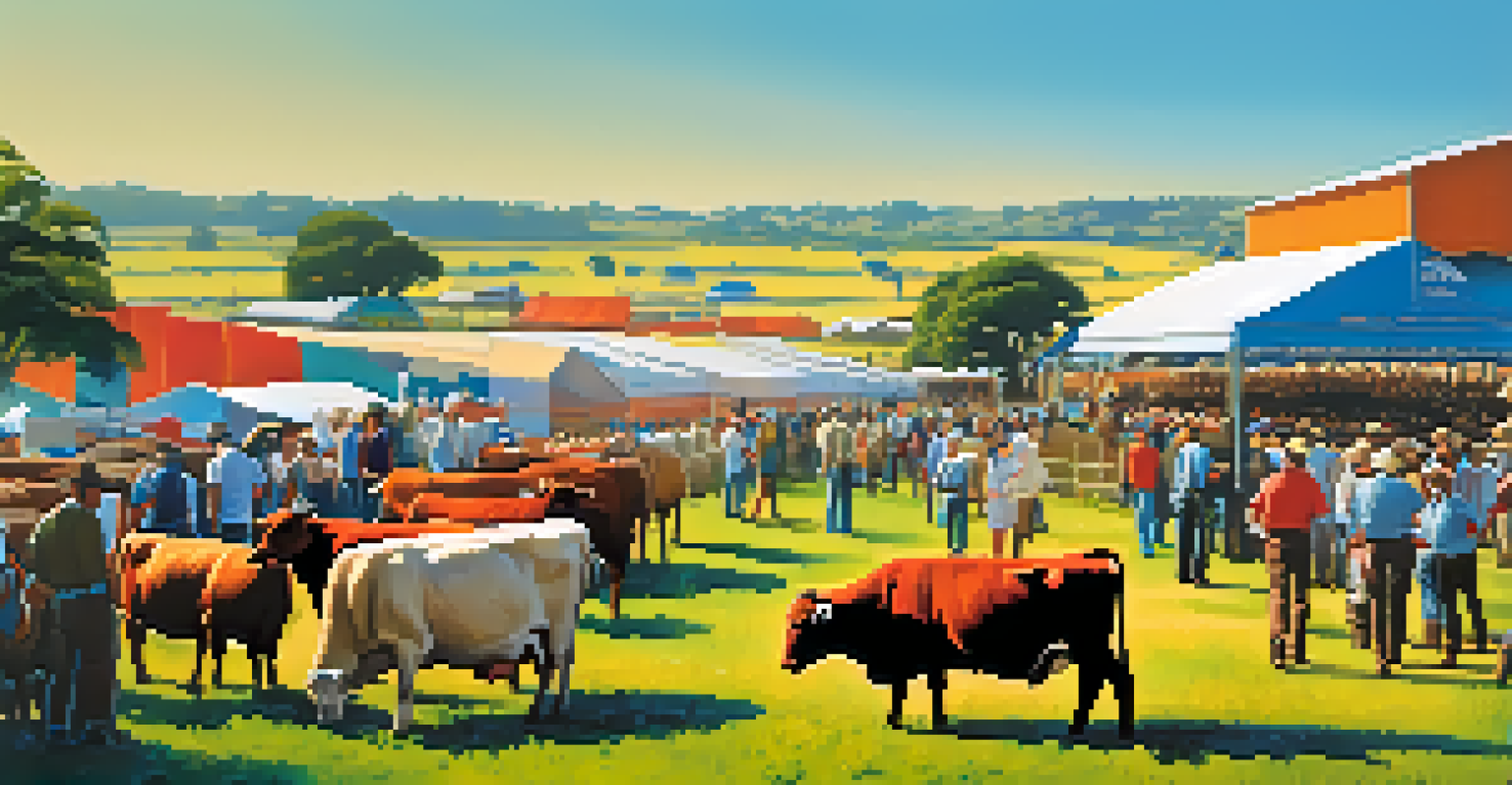 A panoramic view of Expointer livestock fair featuring cattle, sheep, and agricultural machinery with a bright blue sky.