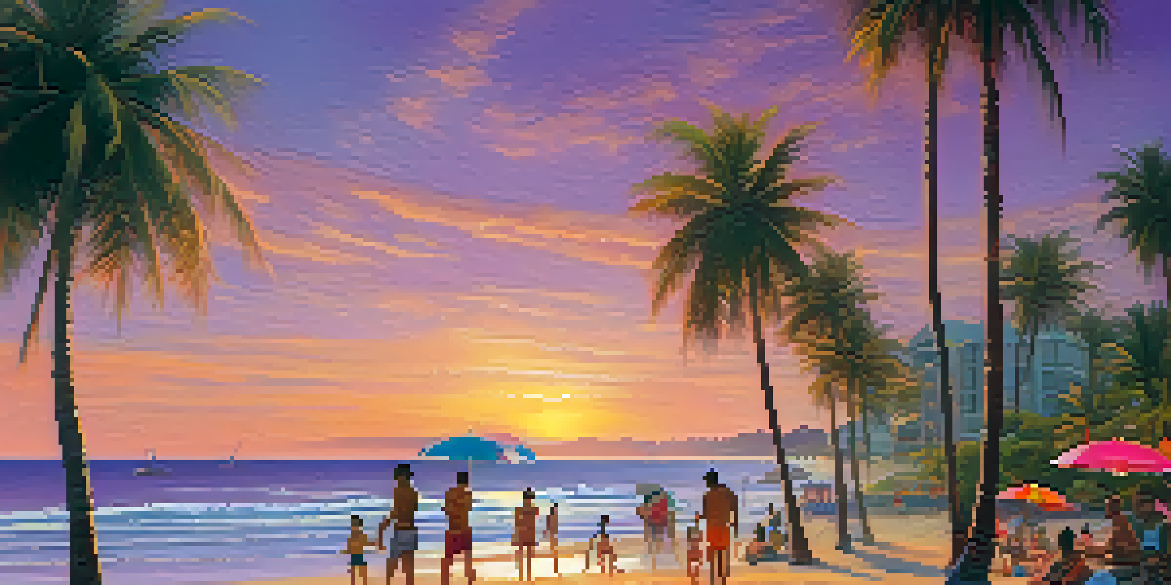 A lively Brazilian beach during sunset with families playing volleyball and a couple walking along the shore, surrounded by palm trees.