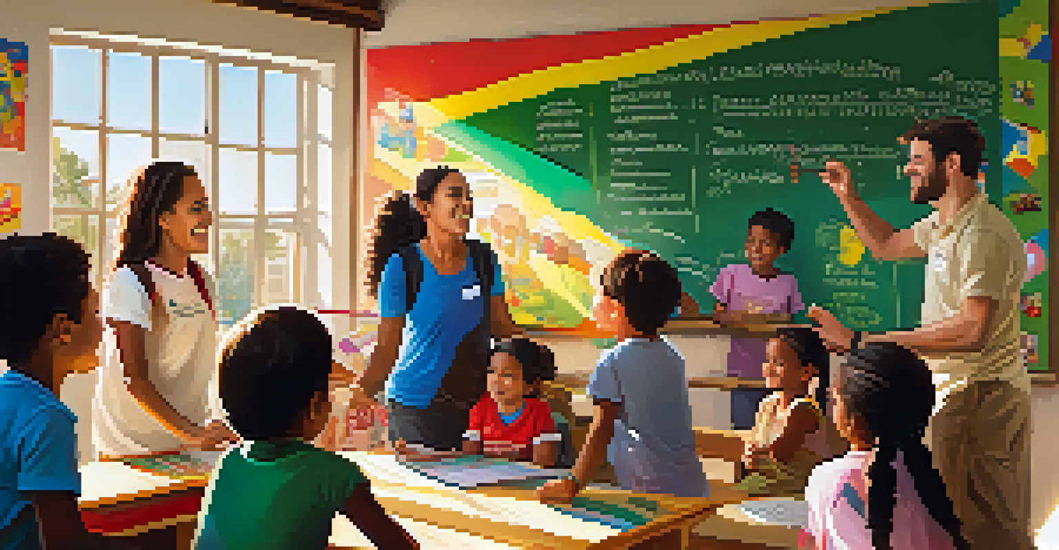 Volunteers teaching English to children in a colorful Brazilian classroom filled with artwork and sunlight.