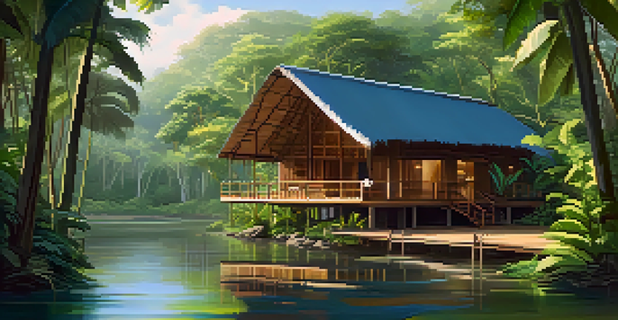 An eco-lodge surrounded by dense rainforest, showcasing wooden cabins and a calm river with sunlight filtering through the trees.