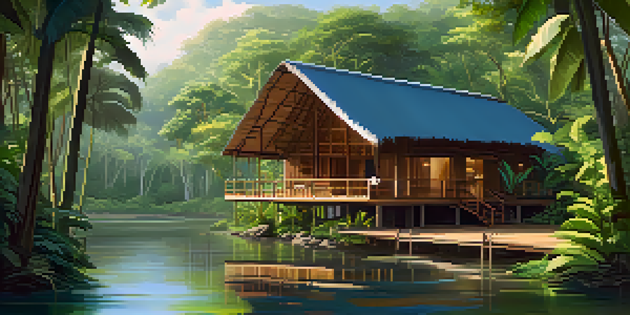 An eco-lodge surrounded by dense rainforest, showcasing wooden cabins and a calm river with sunlight filtering through the trees.