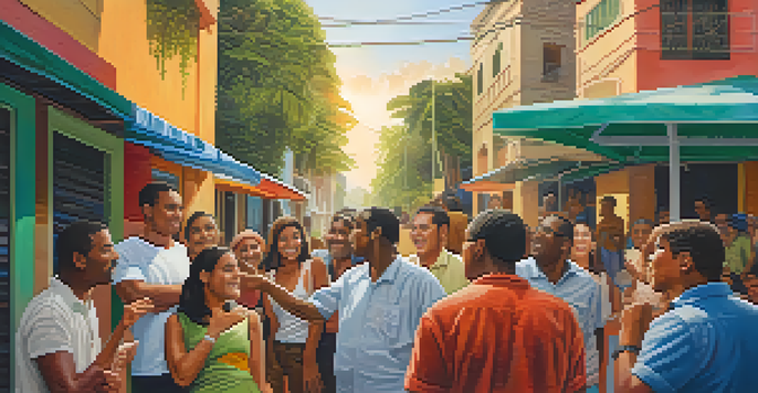 A diverse group of people engaged in a lively outdoor political discussion, surrounded by colorful murals and greenery.