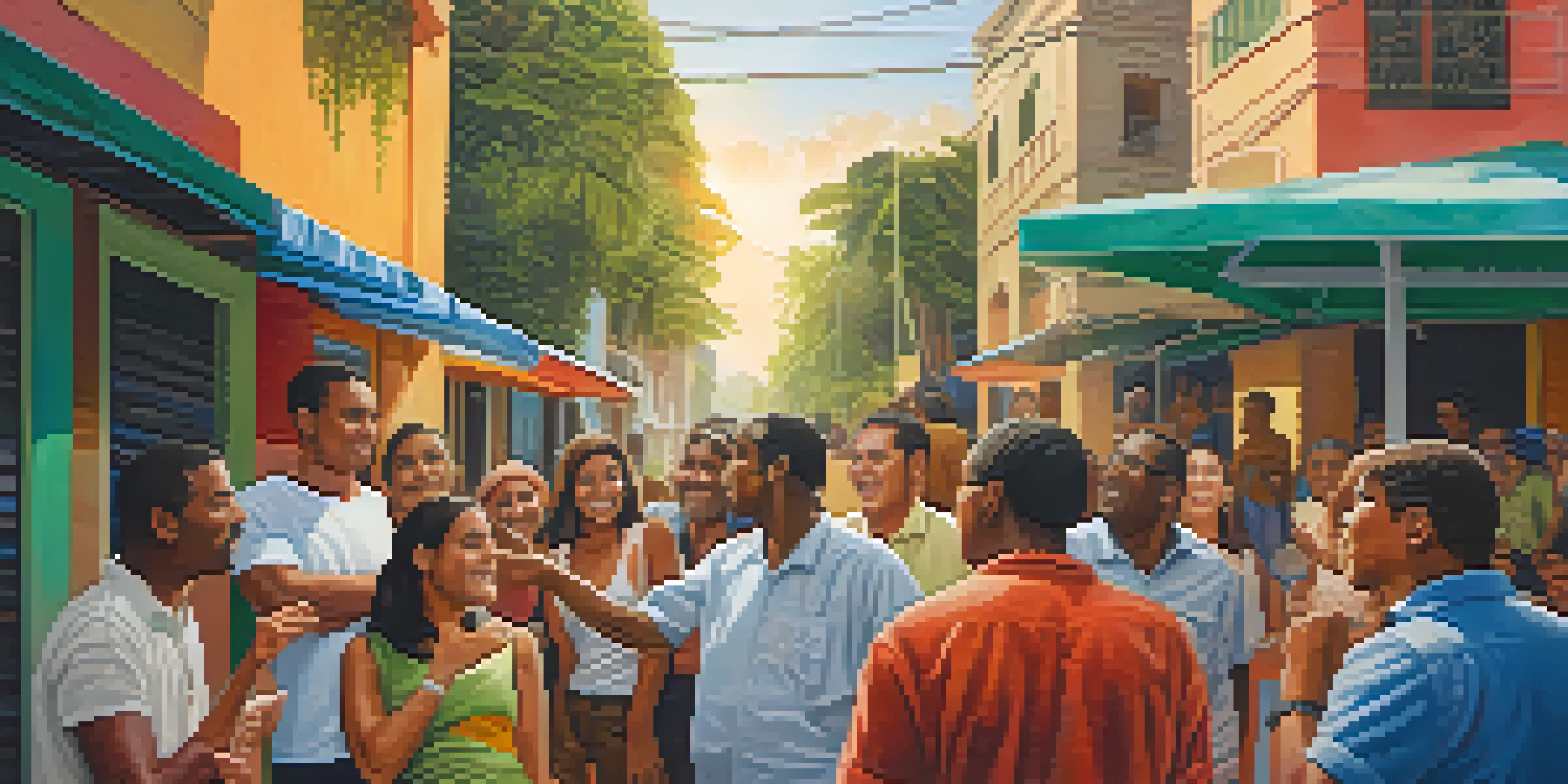 A diverse group of people engaged in a lively outdoor political discussion, surrounded by colorful murals and greenery.
