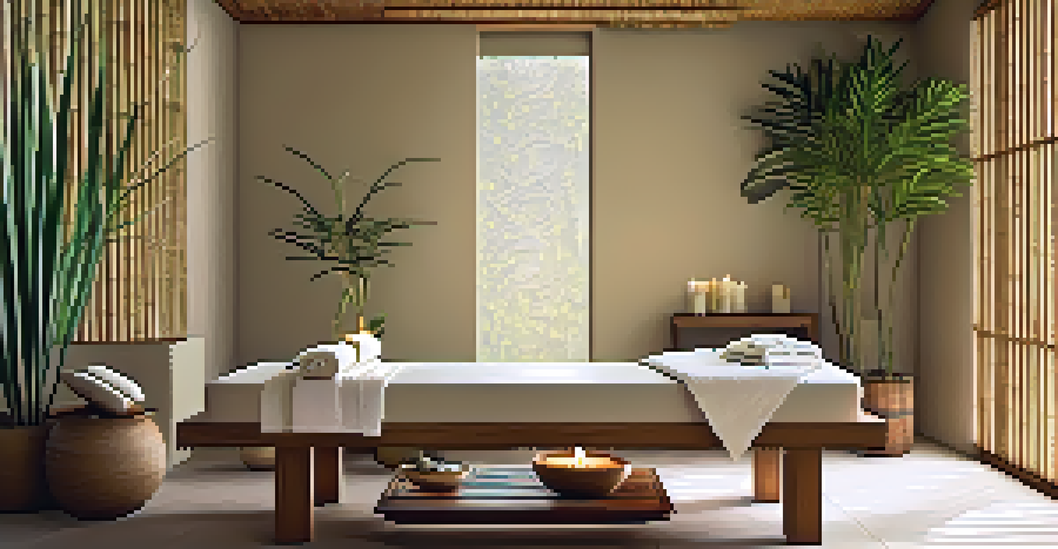 A calming spa treatment room with natural materials and soft lighting, designed for relaxation.