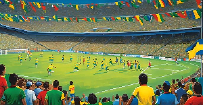 A lively Brazilian football match showing excited fans in colorful jerseys and players on the field under bright stadium lights.