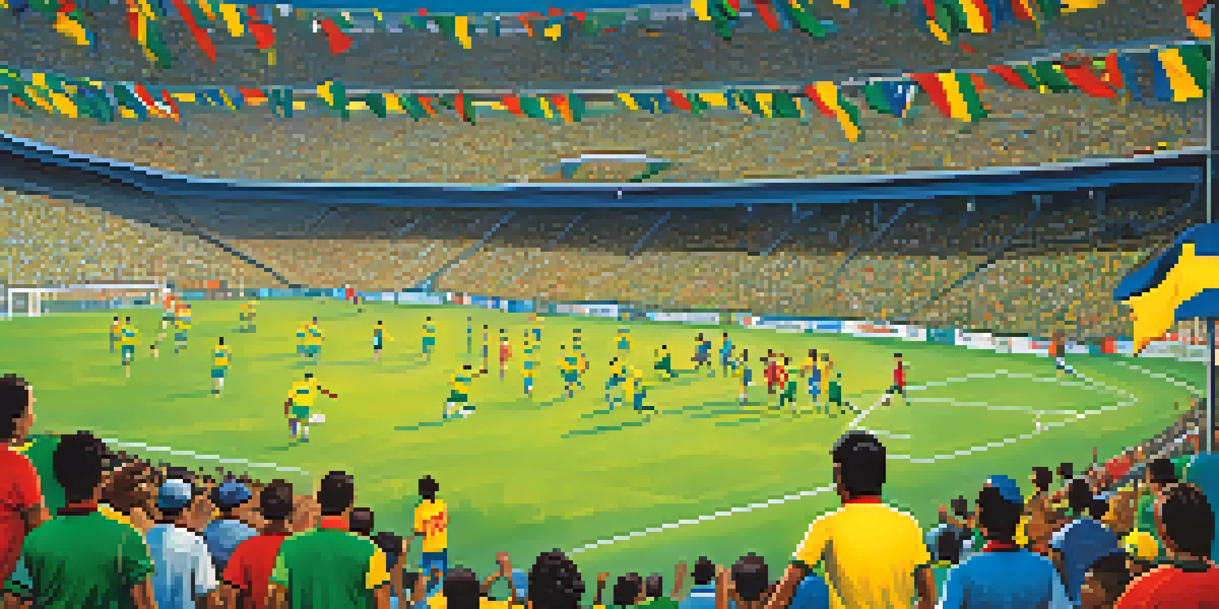 A lively Brazilian football match showing excited fans in colorful jerseys and players on the field under bright stadium lights.