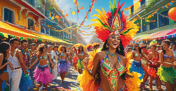Participants in colorful costumes dancing joyfully during Rio Carnival, with bright sunlight and decorations in the background.