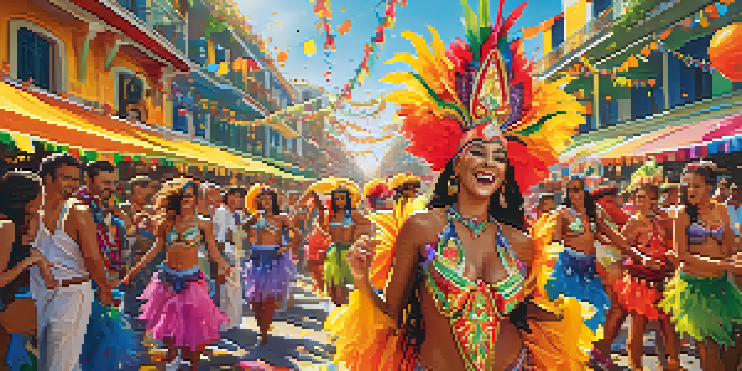 Participants in colorful costumes dancing joyfully during Rio Carnival, with bright sunlight and decorations in the background.