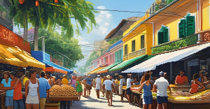 A lively Brazilian street food market with vendors serving coxinha and pastéis, surrounded by people enjoying their meals in a colorful setting.