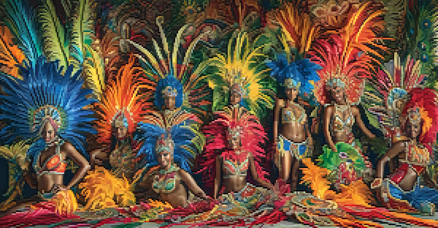 A close-up view of colorful samba costumes with detailed embellishments in a workshop setting.