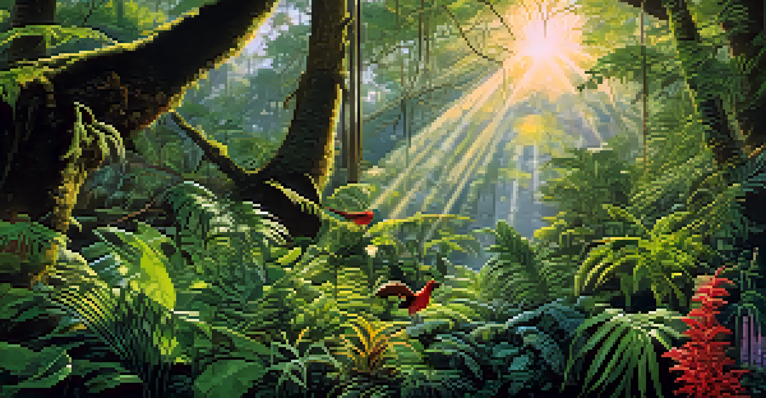 An artistic representation of the Atlantic Forest with diverse endemic plants and sunlight filtering through the trees.