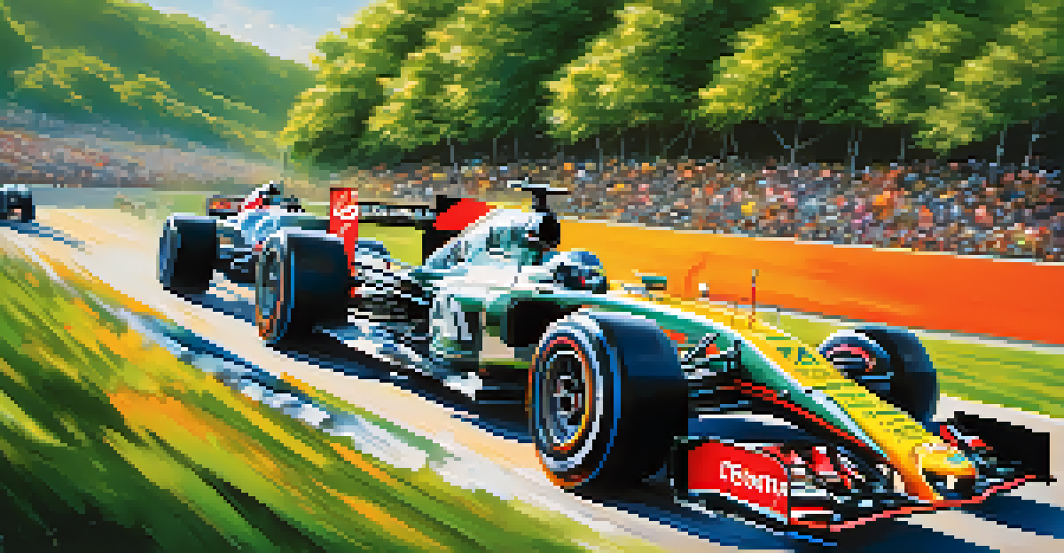 A Formula 1 car racing at the Brazilian Grand Prix, surrounded by fans and a lush green landscape, capturing the thrill of motorsports.