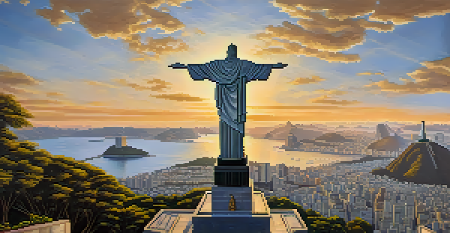 Close-up of Christ the Redeemer statue, focusing on the soapstone tiles during sunset with a warm glow.