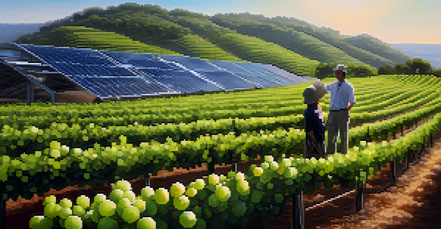 A sustainable vineyard in Brazil with solar panels and a winemaker inspecting grapes, highlighting eco-friendly practices.