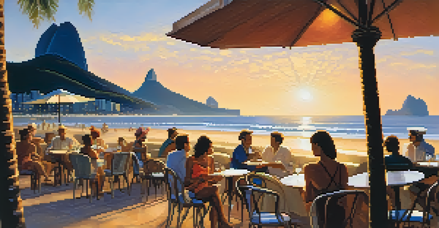 A peaceful bossa nova performance at a beachside café in Ipanema, featuring a guitarist under a palm tree, with patrons enjoying drinks during a sunset.