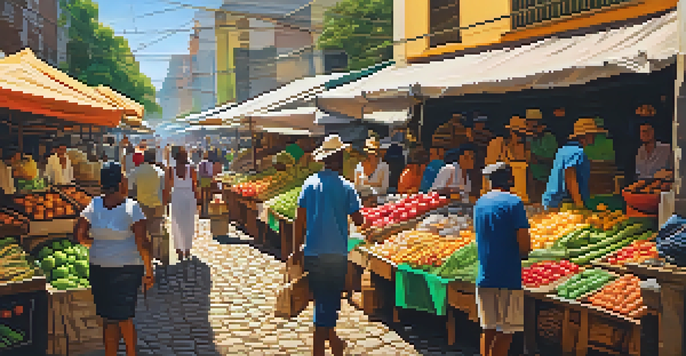 A lively local market in Brazil with vendors selling colorful fresh produce and handcrafted goods, filled with people enjoying the vibrant atmosphere.