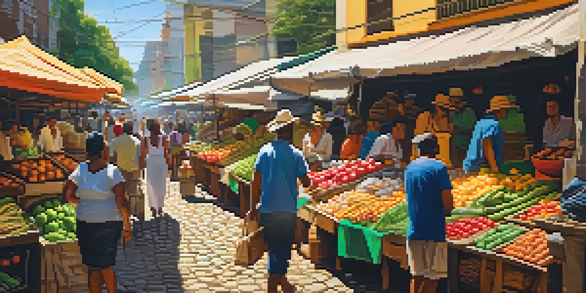 A lively local market in Brazil with vendors selling colorful fresh produce and handcrafted goods, filled with people enjoying the vibrant atmosphere.
