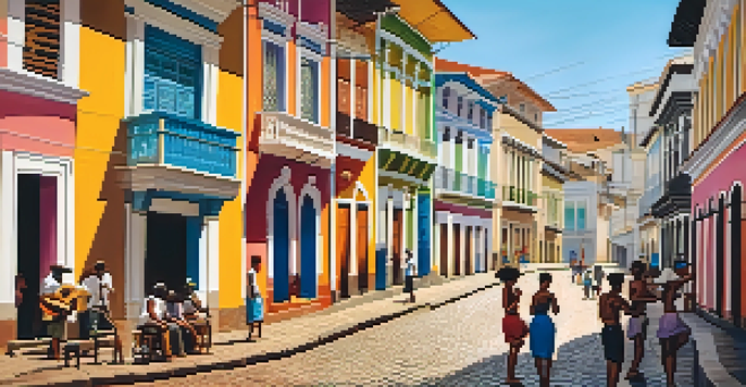 A lively street scene in Salvador da Bahia with colorful colonial buildings and local musicians, creating a vibrant atmosphere.