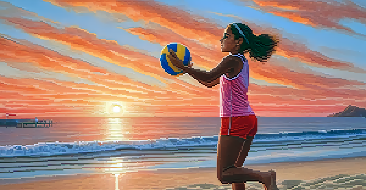 A young Brazilian girl practicing volleyball on the beach during sunset.