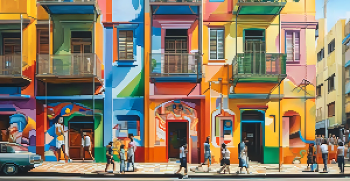 A lively street scene in São Paulo with colorful street art on building walls and people admiring the murals under warm sunlight.