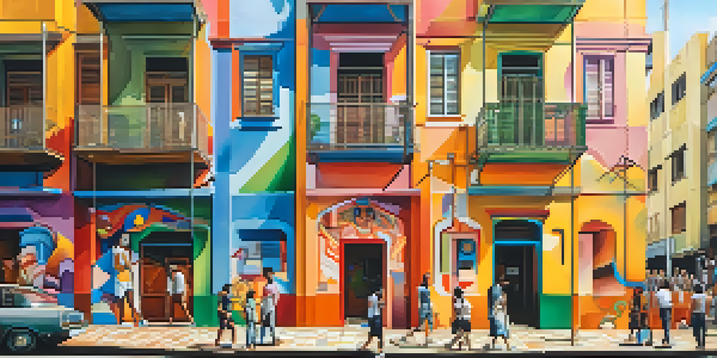 A lively street scene in São Paulo with colorful street art on building walls and people admiring the murals under warm sunlight.