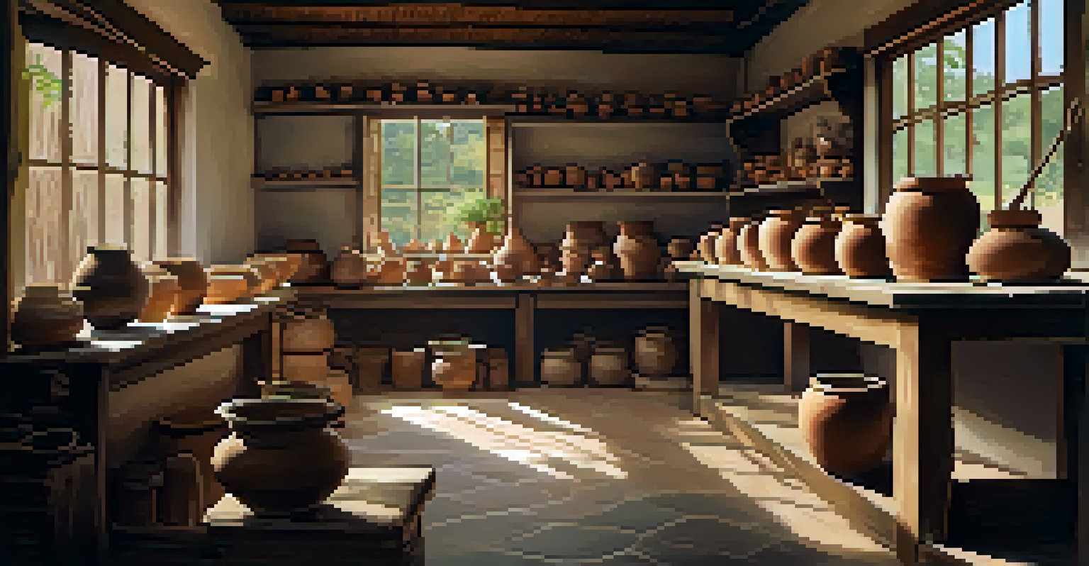 An artisan working on pottery in a workshop, surrounded by handmade crafts and natural light illuminating the space.