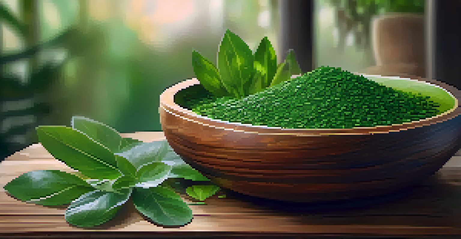 A close-up of a wooden bowl filled with aromatic herbs for a Brazilian leaf bath treatment.