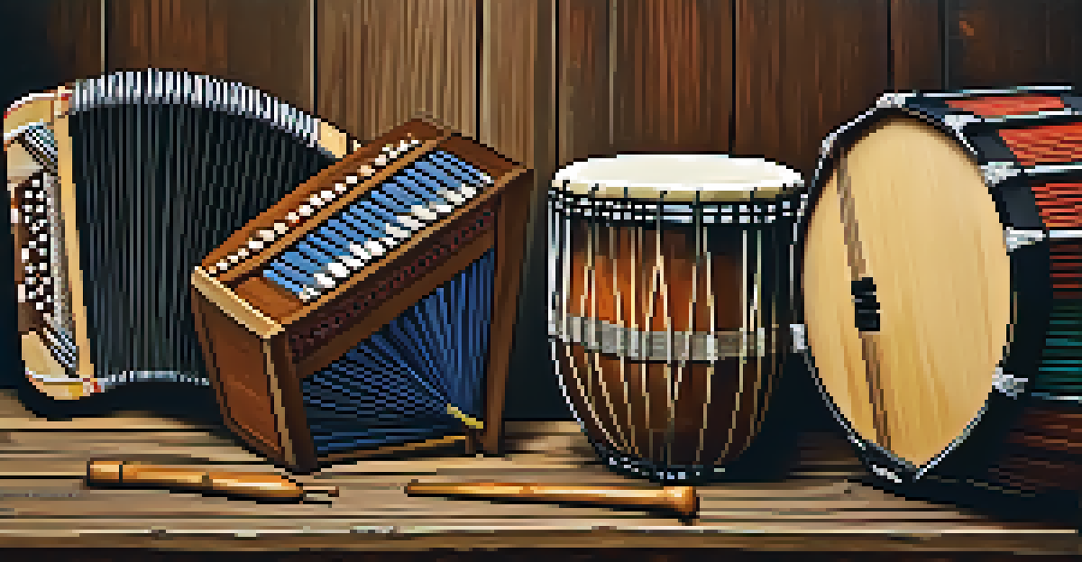 A close-up of traditional Forró instruments including an accordion, a drum, and a triangle on a wooden table.
