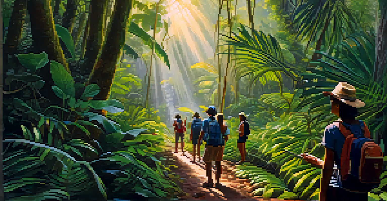 An indigenous guide leading ecotourists through a jungle path, surrounded by lush greenery and sunlight.