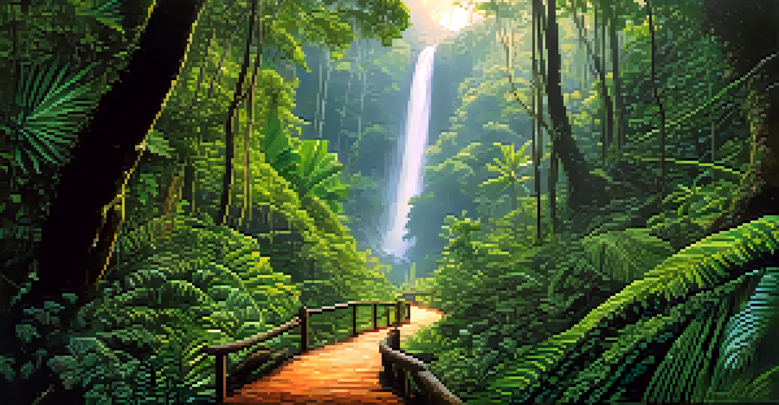A jungle trek path surrounded by dense foliage and towering trees, with a hidden waterfall in the background, illuminated by soft filtered light.